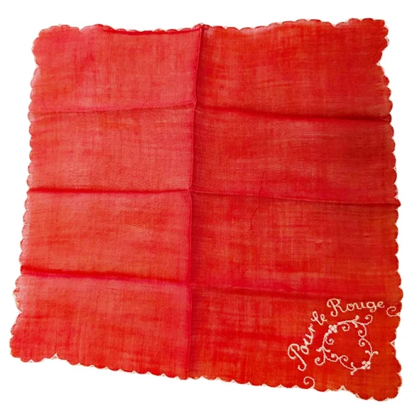 HANKERCHIEF French Red Rouge Embroidered Vintage Retro Cotton 8.5"x8.5" - Picture 3 of 6